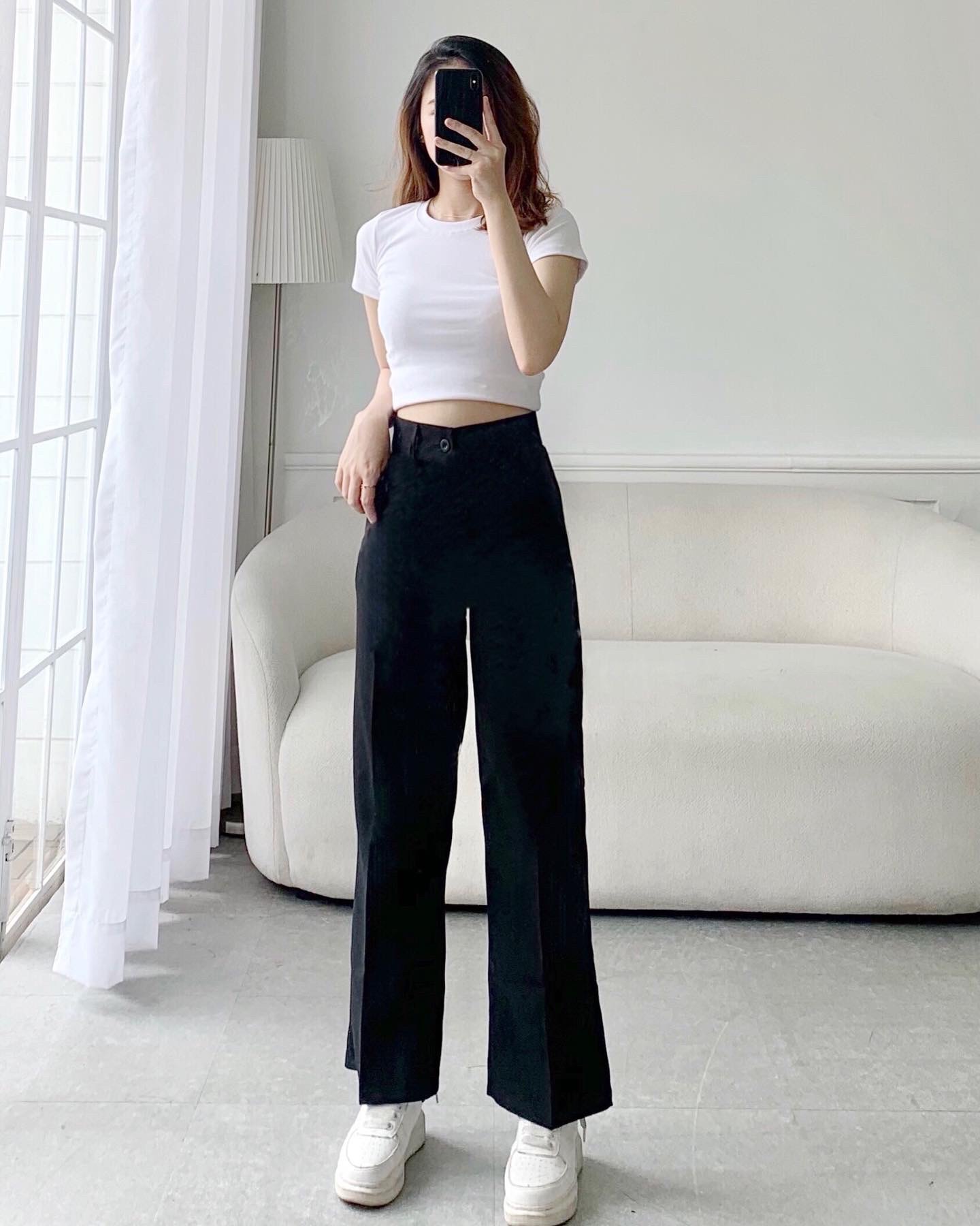 Quần tây đen ống rộng dáng suông lưng cao Ulzzang phong cách Hàn Quốc