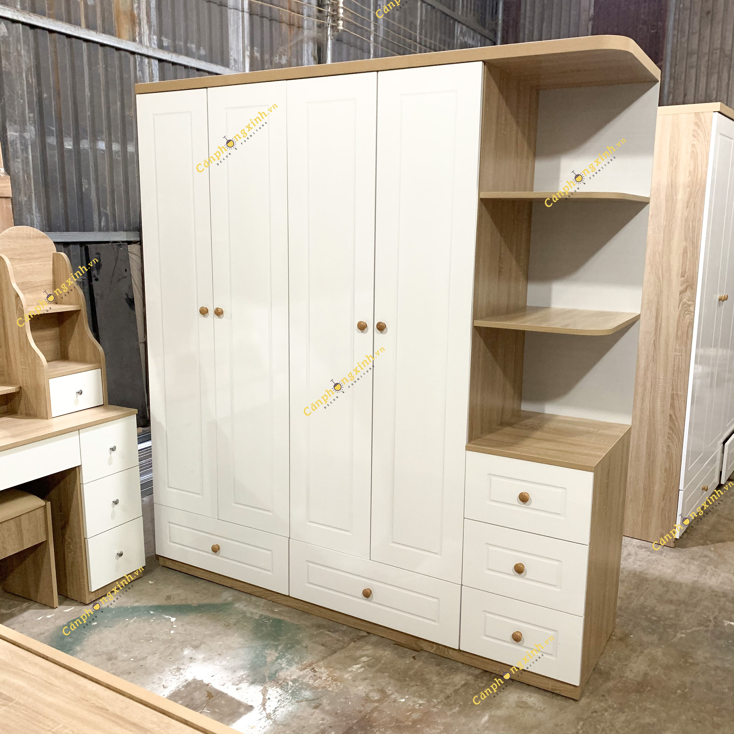 Tủ quần áo CPX-T33, tủ áo cánh sơn viền 2K có kệ hộc trang trí,gỗ cn MDF