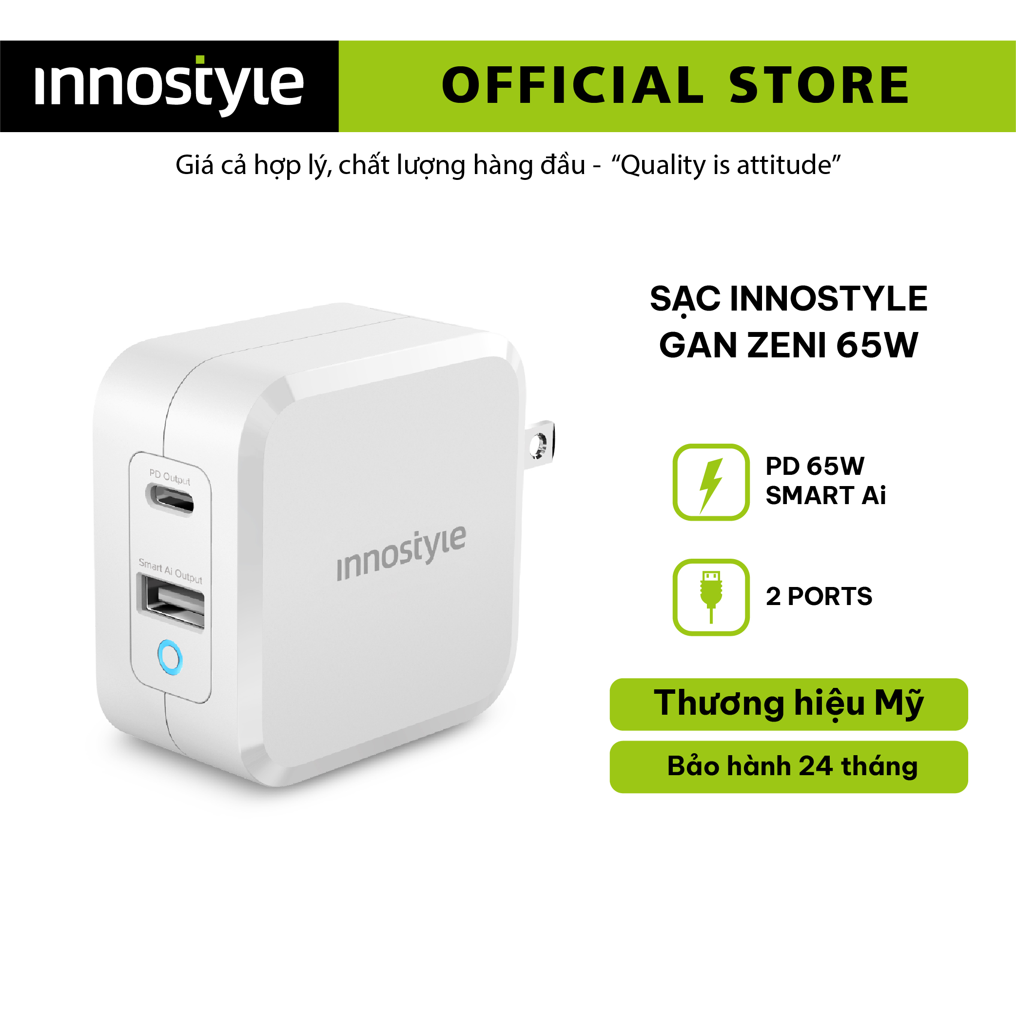 SẠC INNOSTYLE GAN ZENI 65W CHO IPHONE, IPAD, TABLET, SMARTPHONE, MACBOOK – IC65-2PDWHI - HÀNG CHÍNH HÃNG