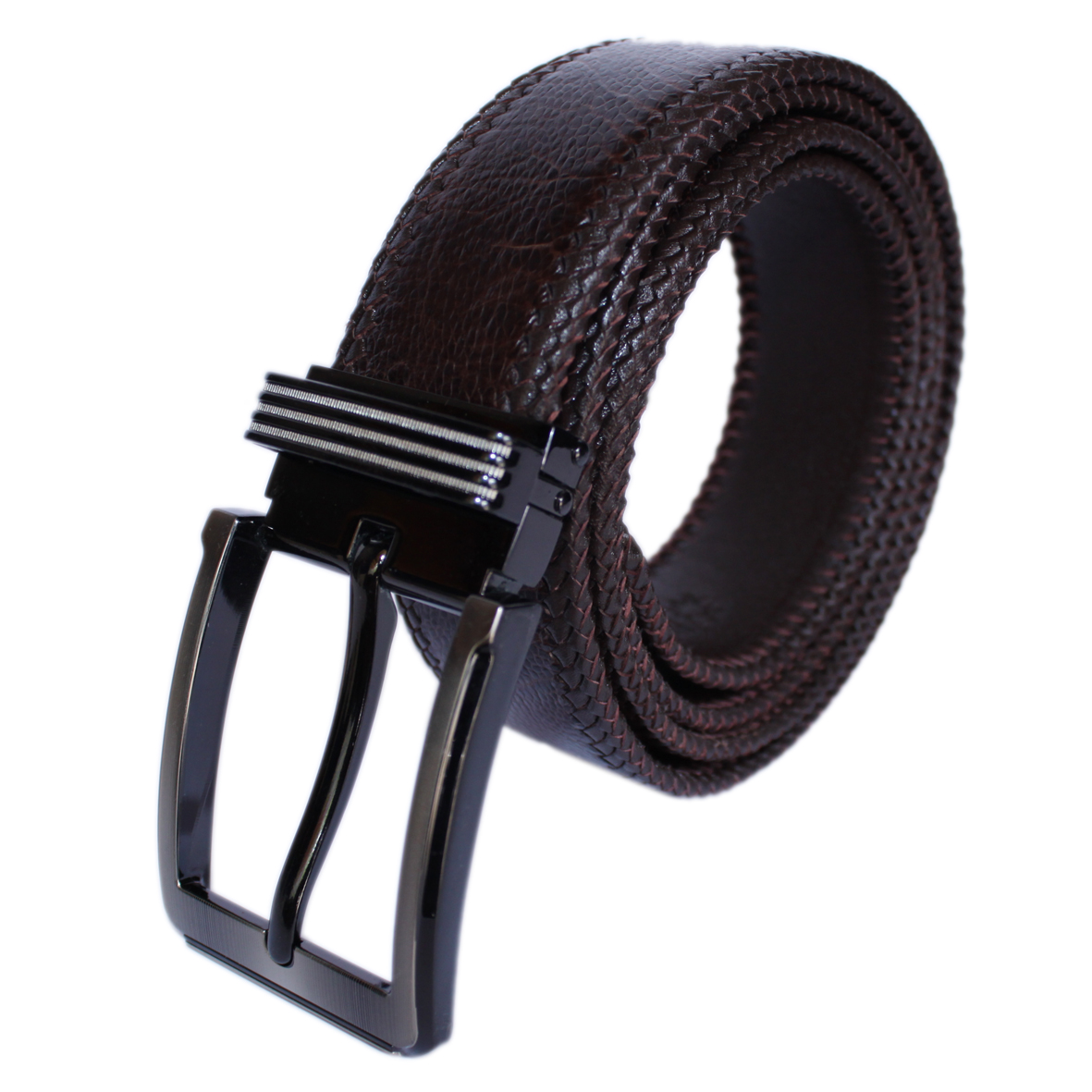 Dây nịt nam da đà điểu Huy Hoàng đan viền 4P đầu kim màu nâu đất HP4463