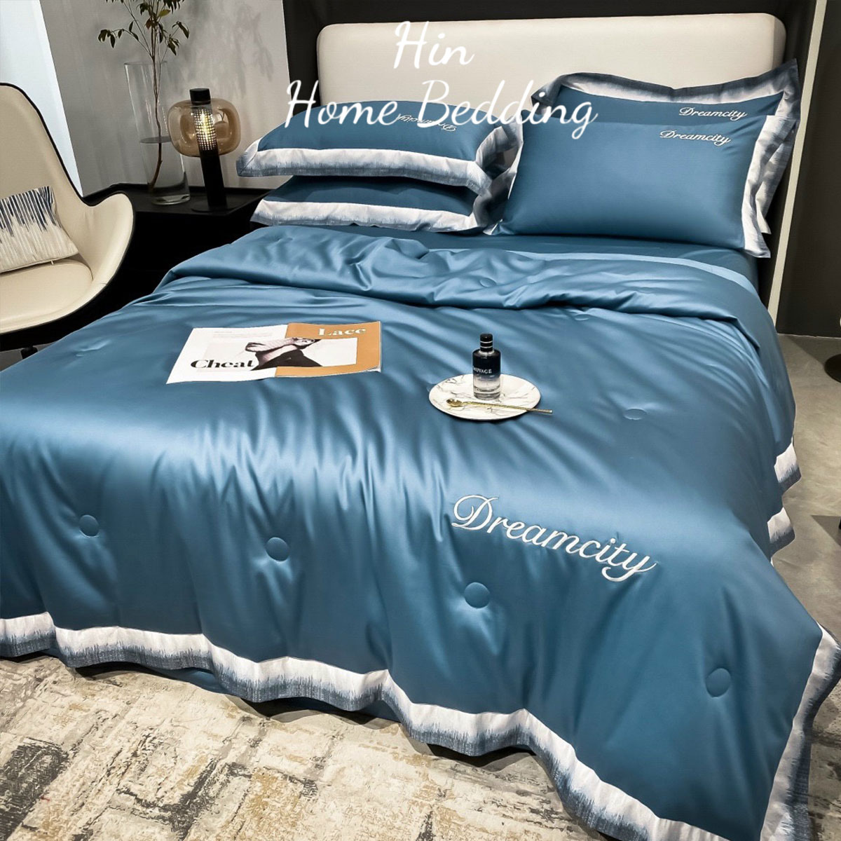 Bộ Chăn Ga Gối Đệm 5 Món Chăn Phao Lụa Thái Hin Home Bedding Mẫu Xanh Biển Đậm