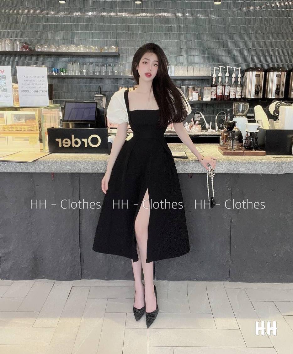 ĐẦM ĐEN CỔ U TAY BỒNG NGẮN