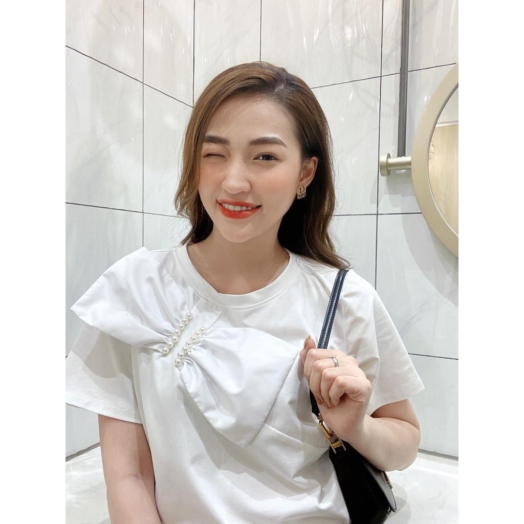 Áo thun kiểu nơ lụa thêu trai trẻ trung, nữ tính, trendy, dáng rộng - Peony