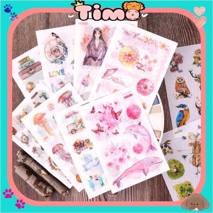 Sticker cute dán sổ laptop trang trí bullet journal vintage dễ thương set 6 tấm ST13