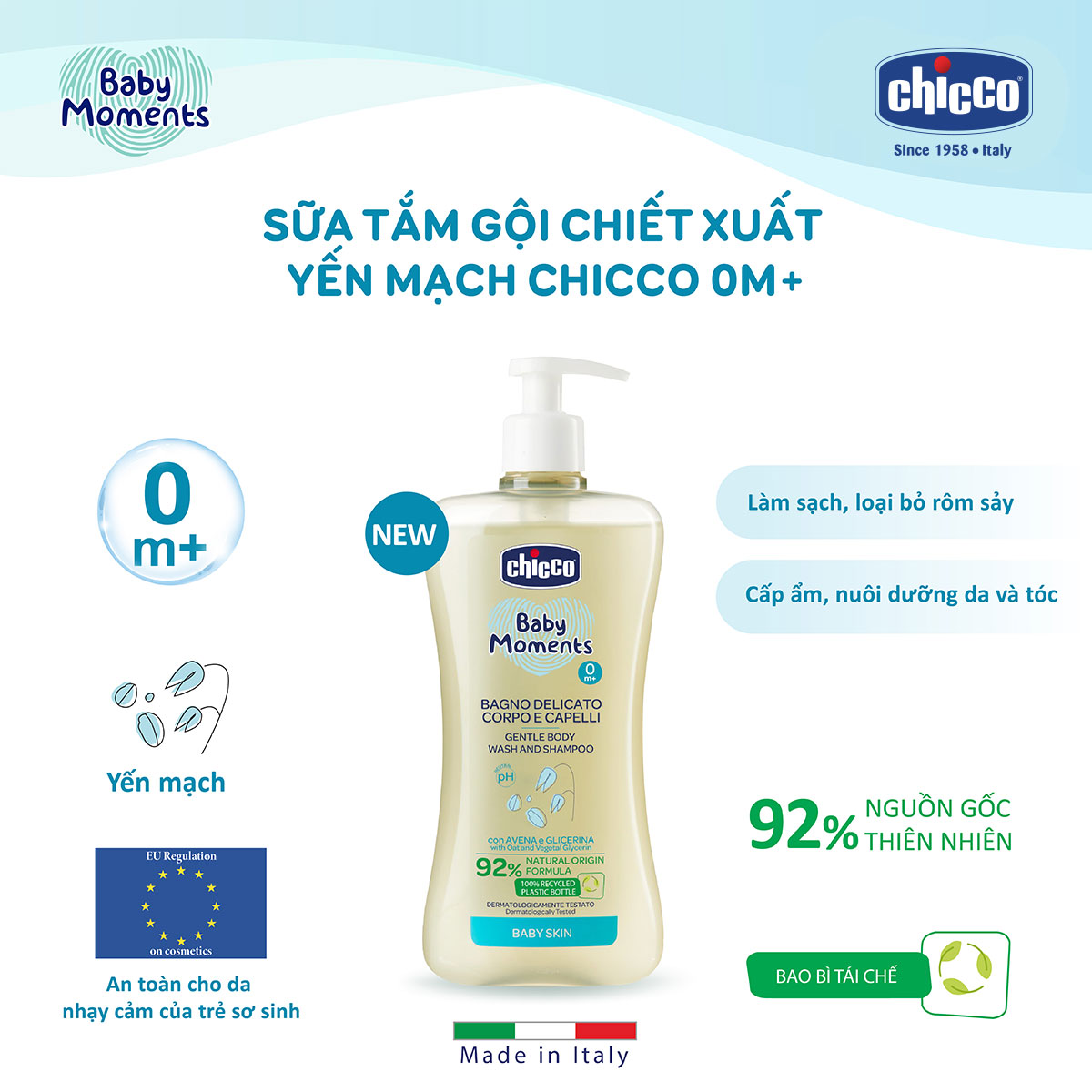Sữa tắm gội cho bé chiết xuất Yến mạch 0M+ Chicco 500ml