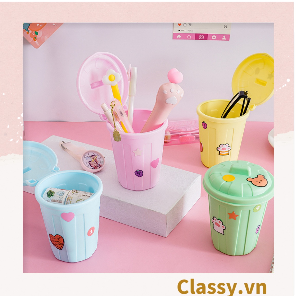 Hộp đựng bút , thùng rác mini tiện lợi, nhiều màu sắc đa dạng, đựng bút, mỹ phẩm PK1095