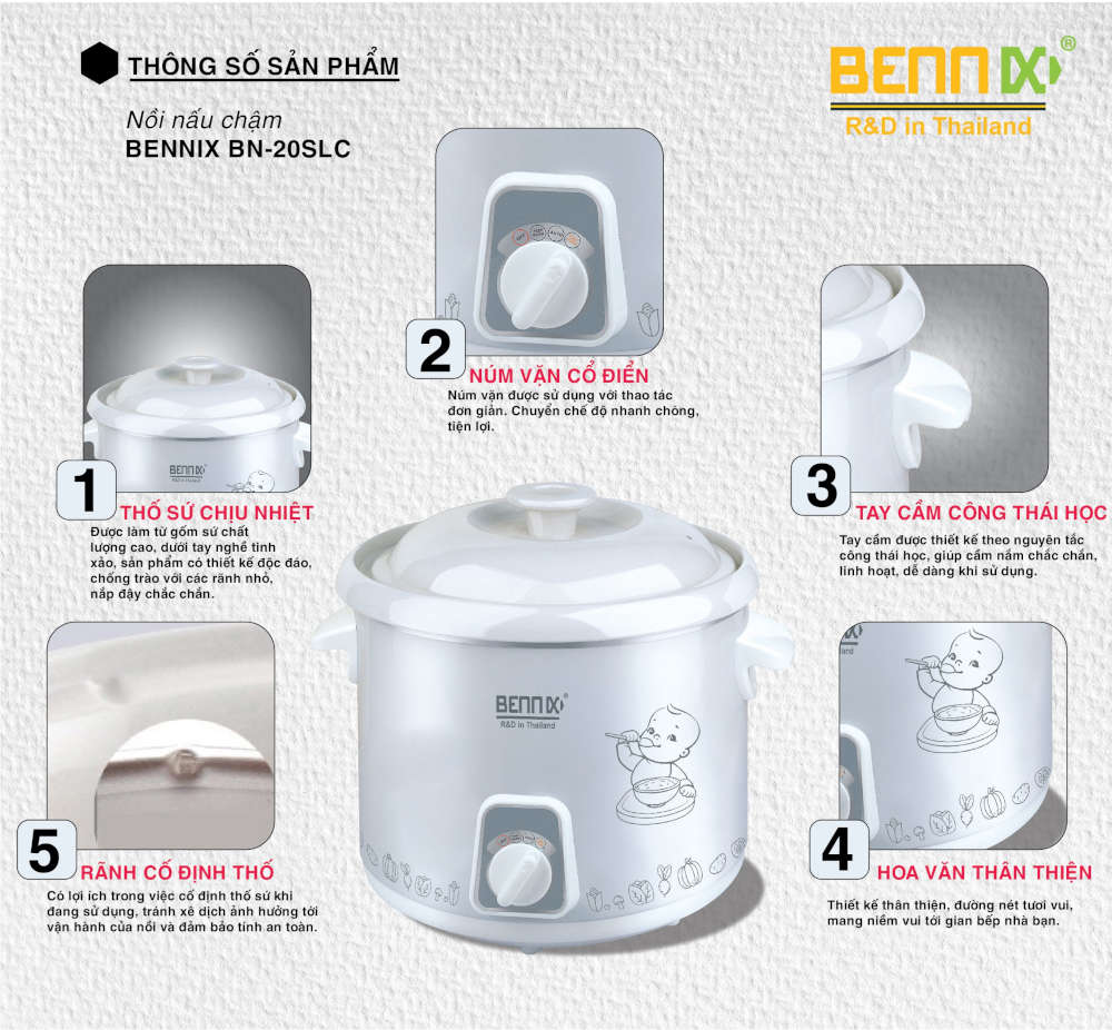 Nồi nấu chậm Bennix Thái Lan BN-20SLC dung tích 2 lít - Hàng chính hãng