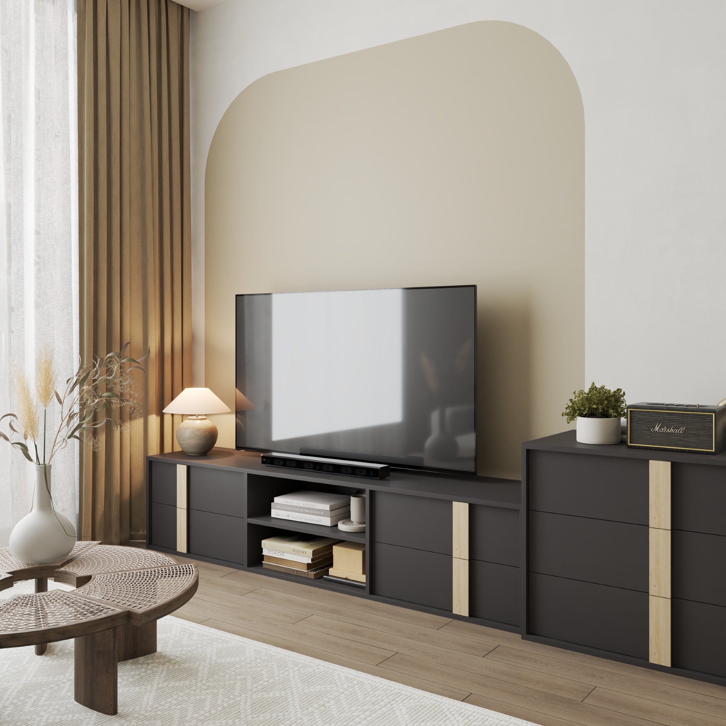 HAPPY FURNITURE , Kệ TV 4 ngăn kéo - SPACE, KTV_086 , 185cm x 40cm x 42cm DxRxC