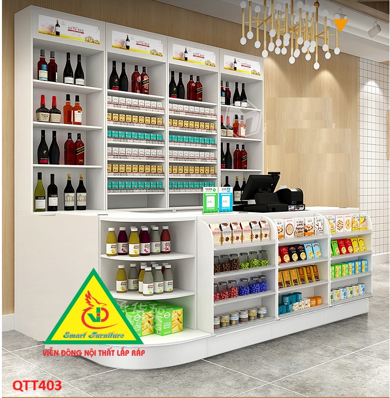 Quầy tính tiền, Bàn thu ngân cho cửa hàng tiện lợi, siêu thị mini, shop  QTT403 - Nội thất lắp ráp Viễn Đông ADV