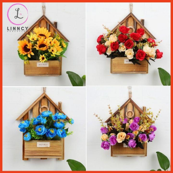 Giỏ hoa lụa treo tường hình ngôi nhà trang trí nhà cửa, cửa hàng, văn phòng, lớp học