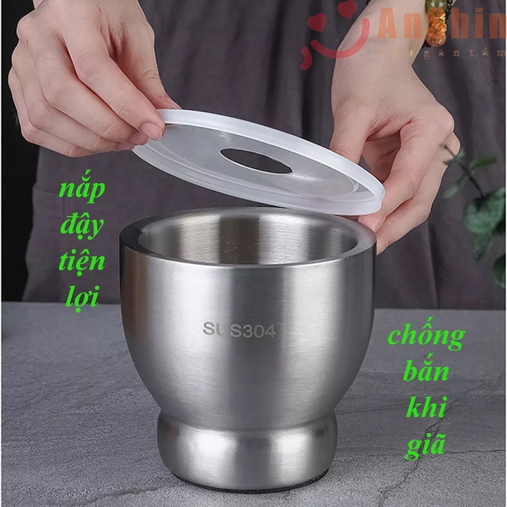 Bộ cối chày Inox nguyên khối 304 đường kính 10 cm - bảo hành trọn đời không han gỉ