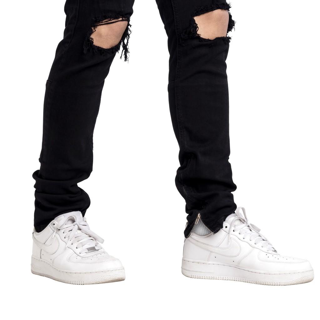 Quần Jean Nam Streetwear Cao Cấp FNOS Z9 Màu Đen - Rách Gối Form Slimfit - Có Zip Jean Thun Co Giãn.