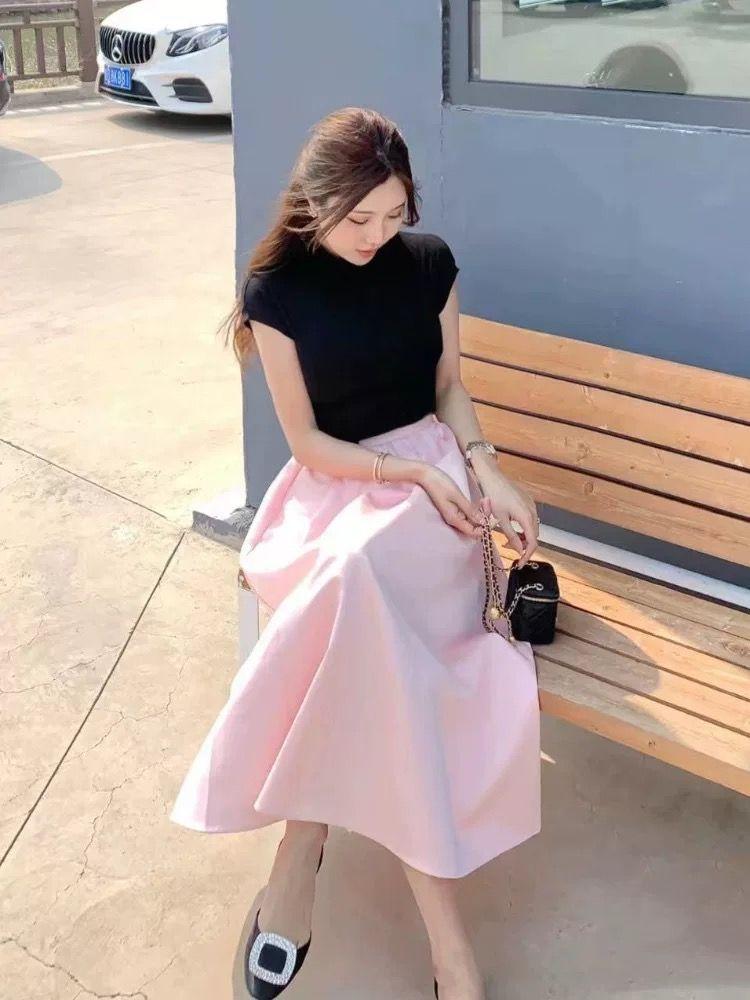 TOBE1SHOP Pháp Hepburn phong cách màu hồng nửa người váy nữ mùa hè eo cao váy dài chữ A nửa váy rộng dù váy nhỏ mùa hè