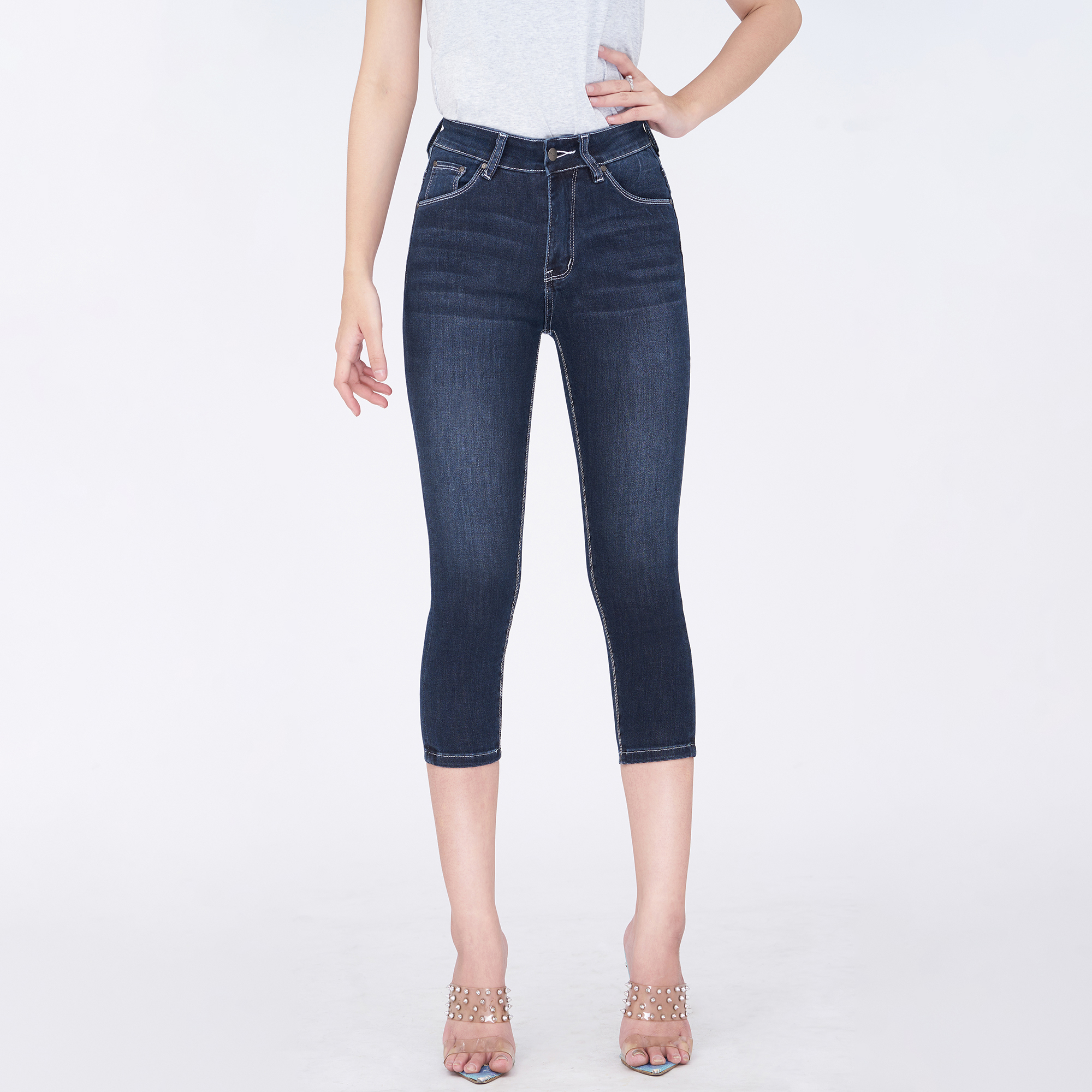 Quần Jean Nữ Aaa Jeans Lửng Dáng Skinny Lưng Cao Navy Blue