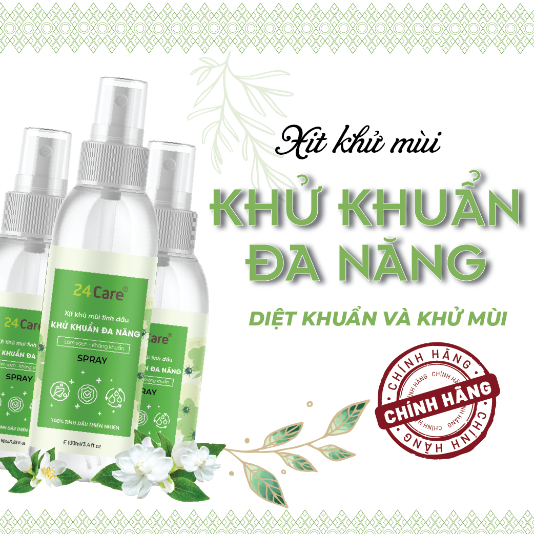 Xịt khử mùi đa năng Tinh dầu 24CARE 50ml/100m/250ml - Xịt bề mặt bị dính bẩn do đồ ăn rơi rớt trên bàn ghế, sàn nhà