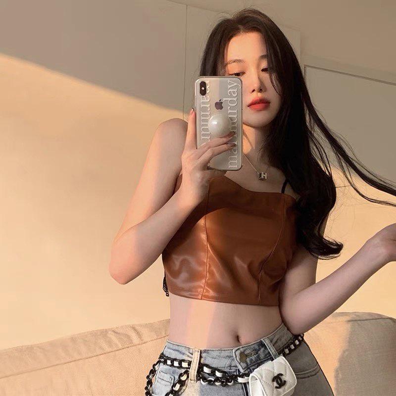 M33. Áo 2 dây da croptop chun lưng sẵn đệm ngực cá tính, áo nữ kiểu croptop da sang chảnh 2023