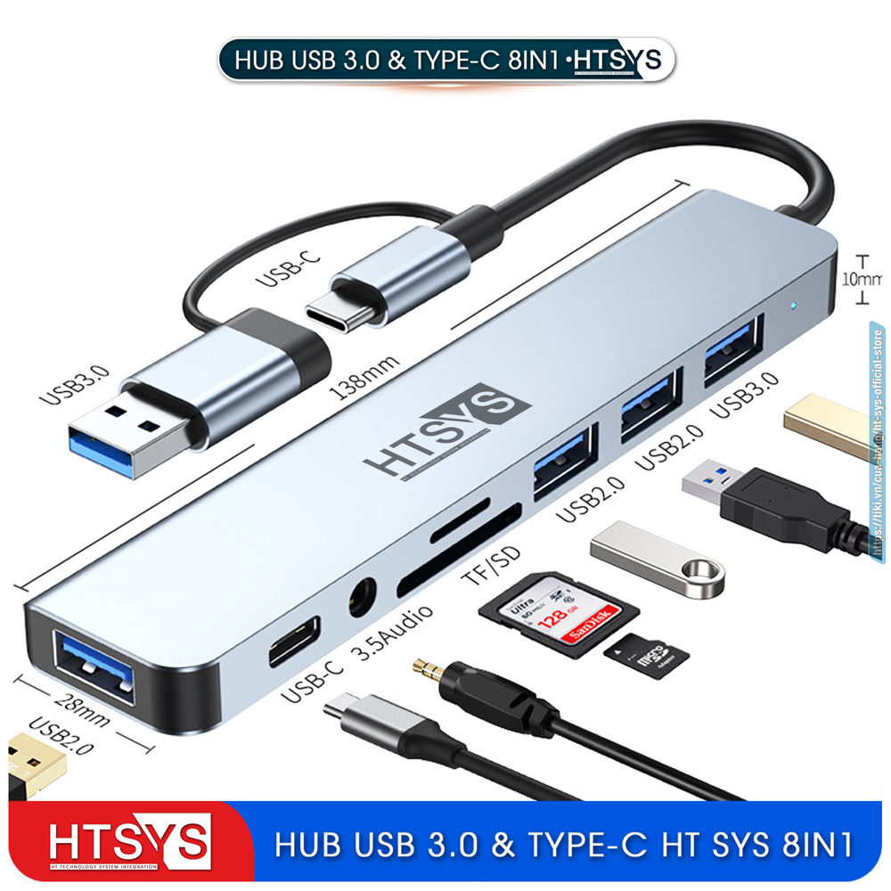 Hub Type C Và Hub USB HT SYS 8 in 1 To USB 3.0, SD, TF, USB C, Audio 3.5 - Hàng Chính Hãng