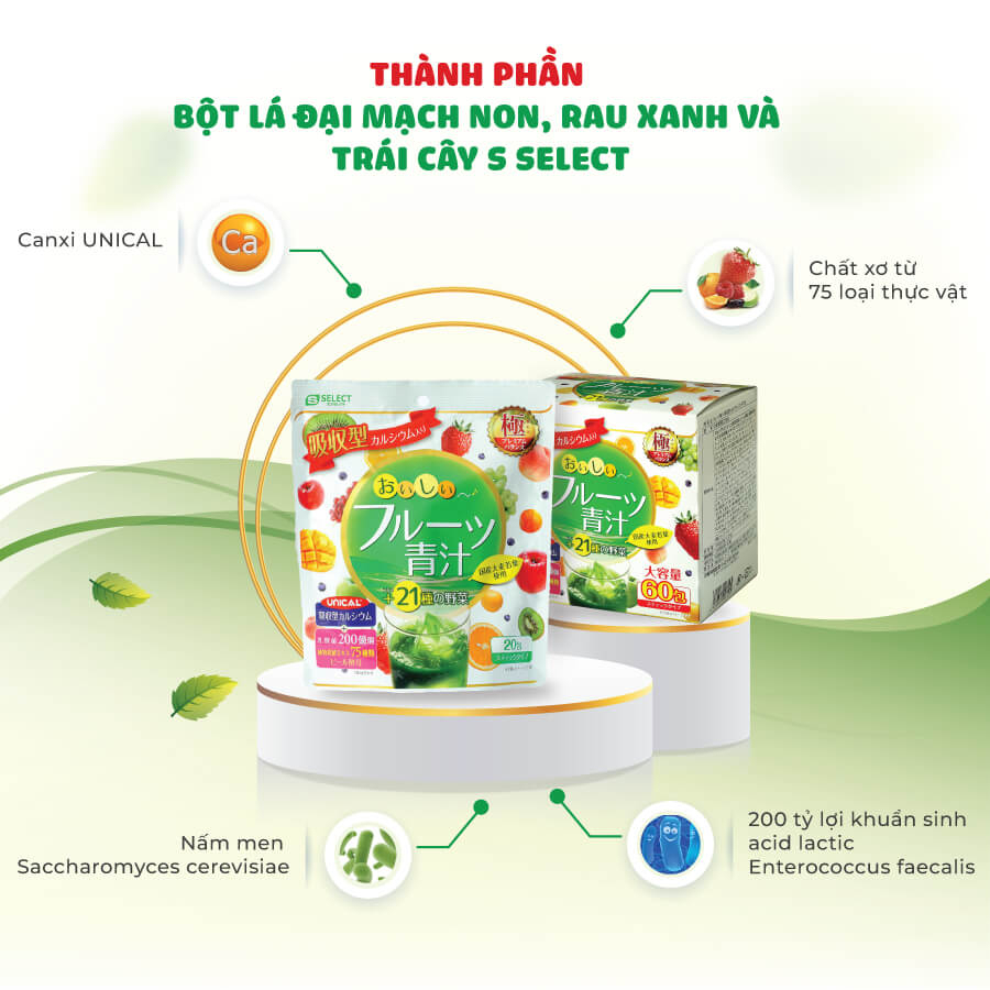 Bột lá đại mạch non, rau xanh và trái cây S Select Nhật Bản