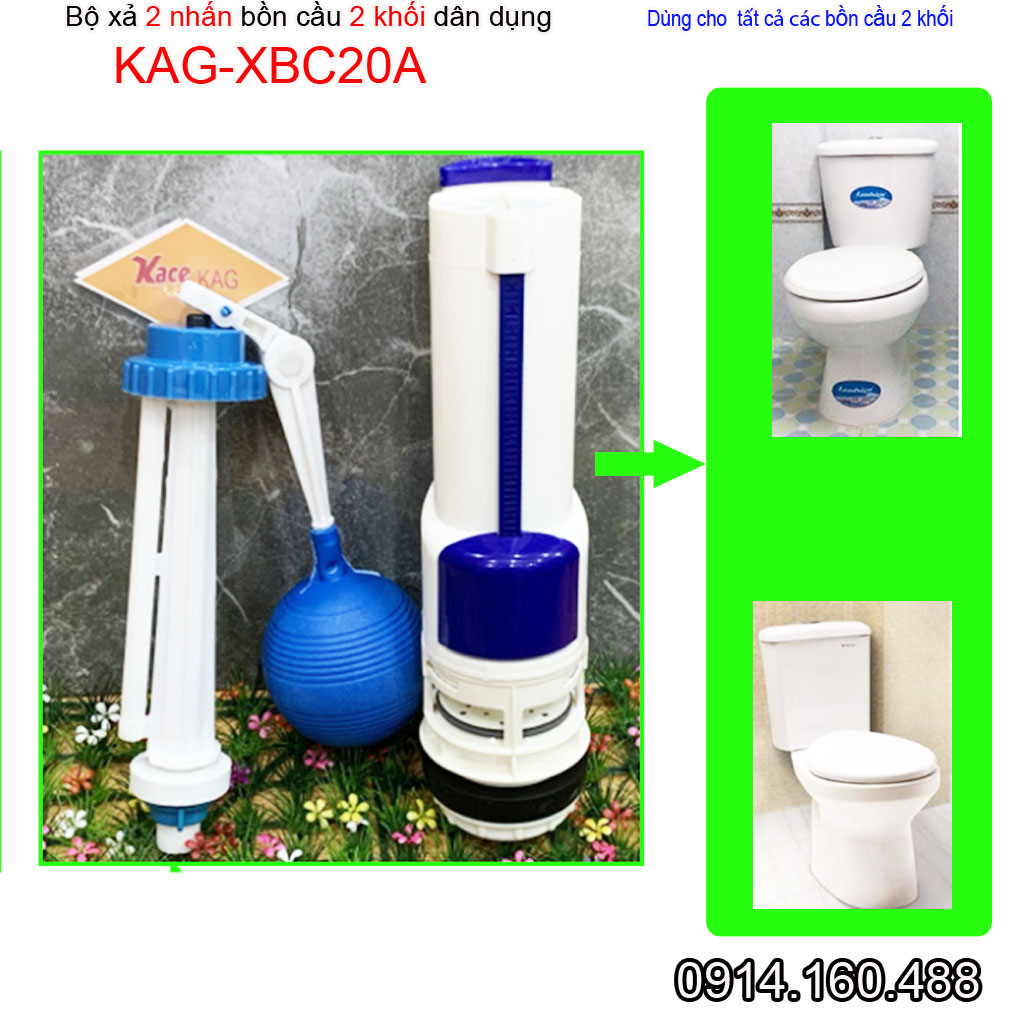 Bộ xả bồn cầu 2 nút nhấn cho bồn 2 khối KAG-XBC20A nhựa 100%, RUột thùng nước xi bệt két rời Nhấn êm xả nước sạch