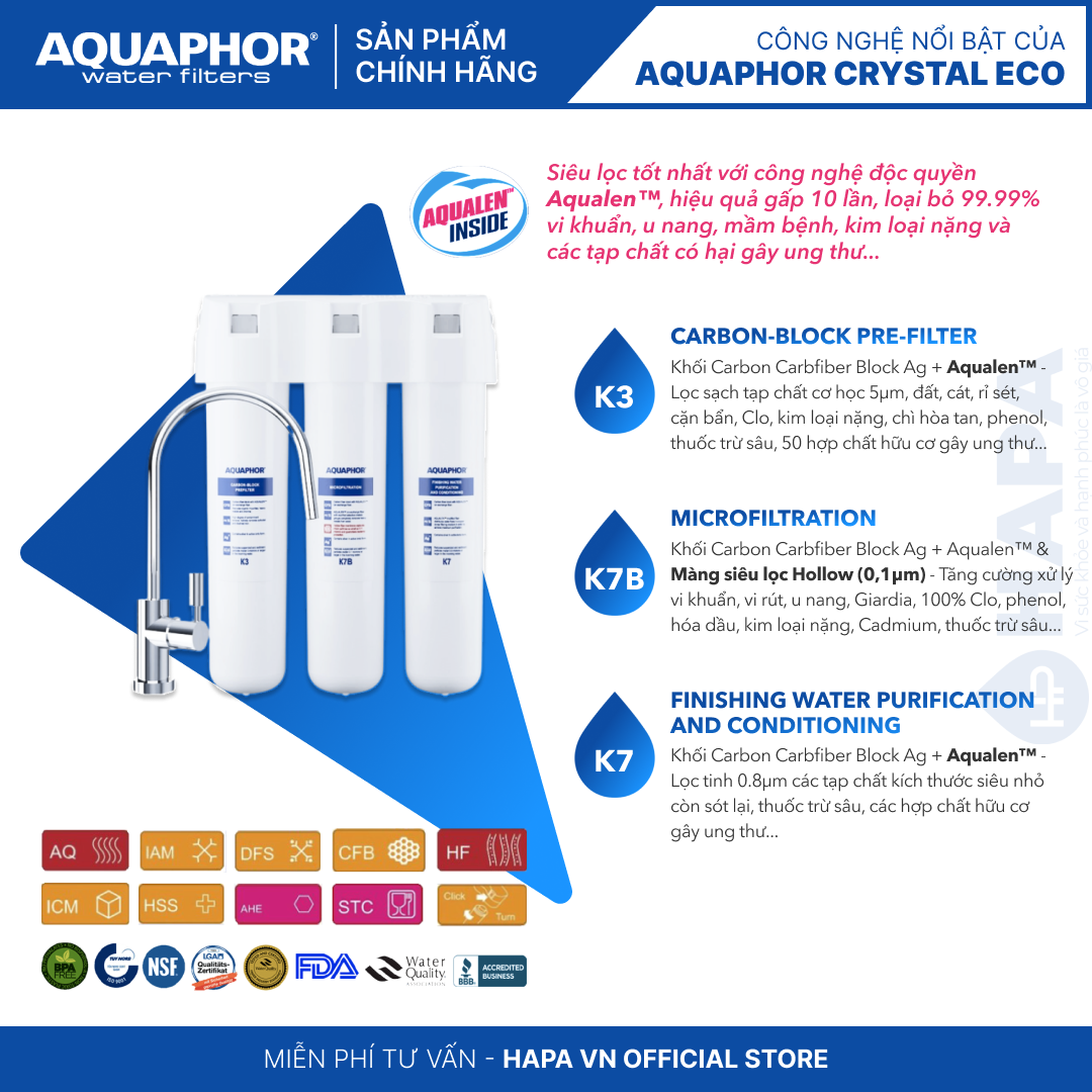 Bộ 3 Lõi Lọc Nước AQUAPHOR Nhập Khẩu Thay Cho Máy AQUAPHOR CRYSTAL ECO - Hàng Chính Hãng