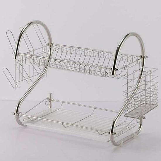 Kệ để chén đĩa 2 tầng bằng inox, Giá úp bát đĩa có ống cắm đũa tiện dụng