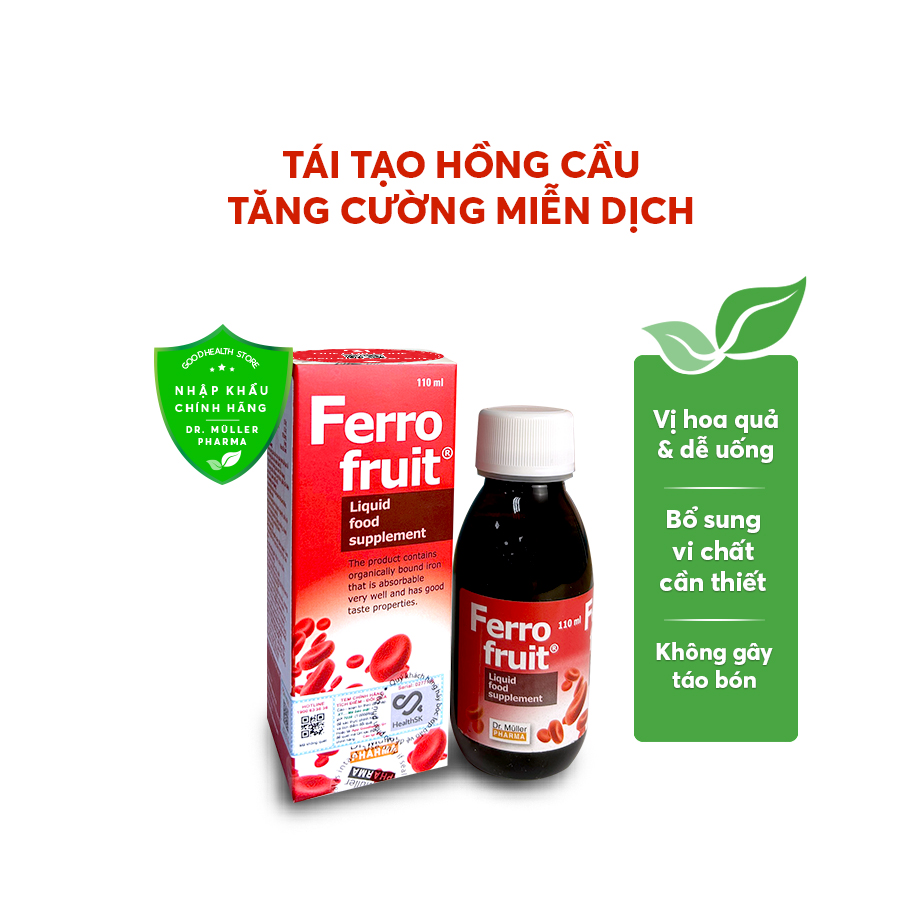 Siro Sắt FERRO FRUIT Dr.Muler vị trái cây, chiết xuất tự nhiên, tạo hồng cầu ngừa thiếu máu cho trẻ em và người lớn.