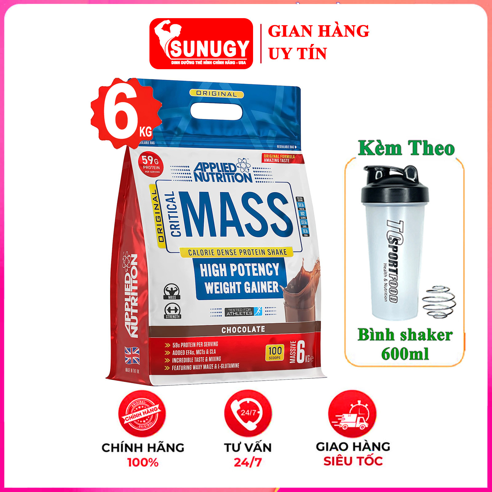 Combo Sữa tăng cân tăng cơ nạc Original Critical Mass của Applied Nutrition bịch 6kg hỗ trợ tăng cân, tăng cơ nhanh cho người gầy và Bình shaker 600ml