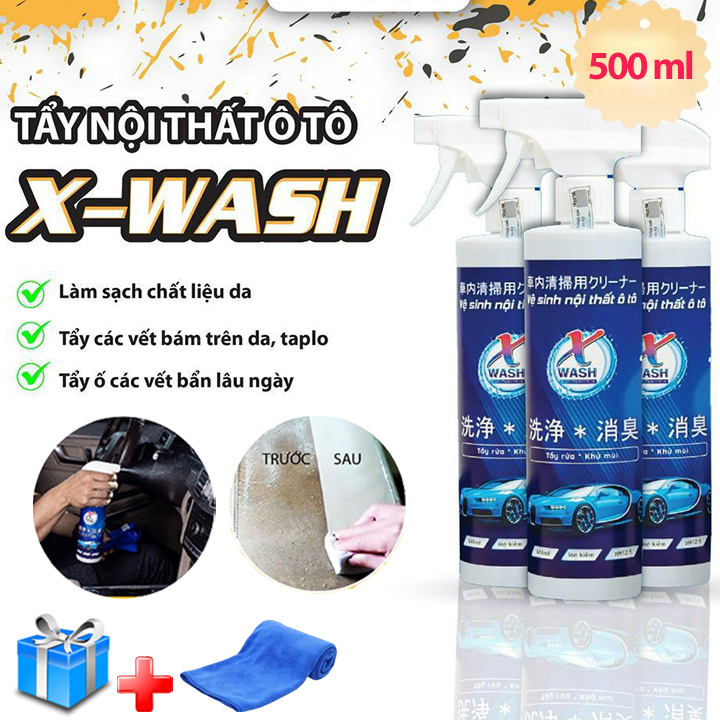 [Kèm Khăn Lau] Chai Xịt Vệ Sinh Kính Và Nội Thất Ô Tô XWASH 500ml, Làm Sạch Khử Mùi Kính, Sofa Nội Thất Xe Hơi