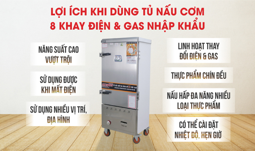 Tủ Nấu Cơm 24 Kg Gạo/ Mẻ Bằng Điện Gas 8 Khay Nhập Khẩu NEWSUN - Hàng Chính Hãng