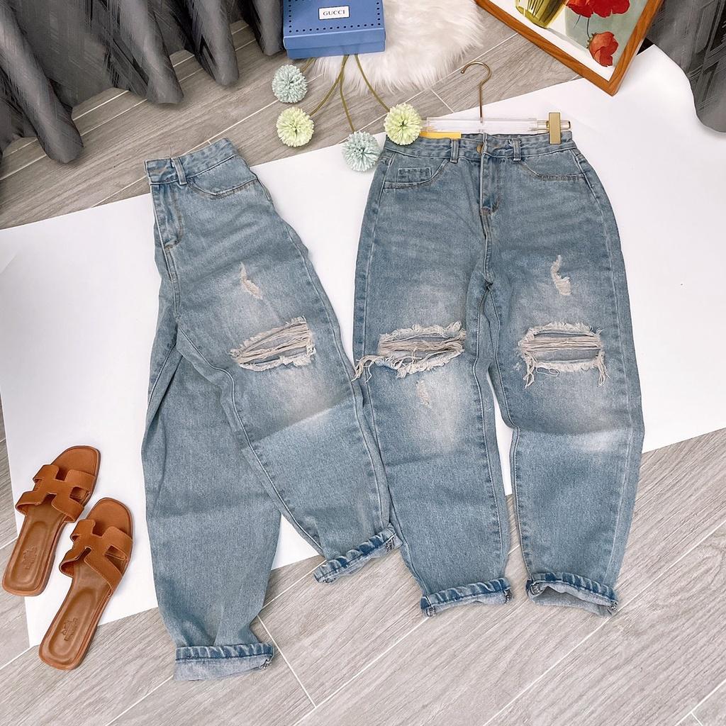 Quần Jeans Baggy Nữ Rách Gối Cạp Cao Quần Bò Nữ Dáng Lỡ Lưng Cao Cá Tính Full Size
