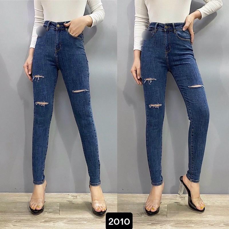 QUẦN JEAN ÔM XANH ĐẬM RÁCH GỐI, CẠP SIÊU CAO