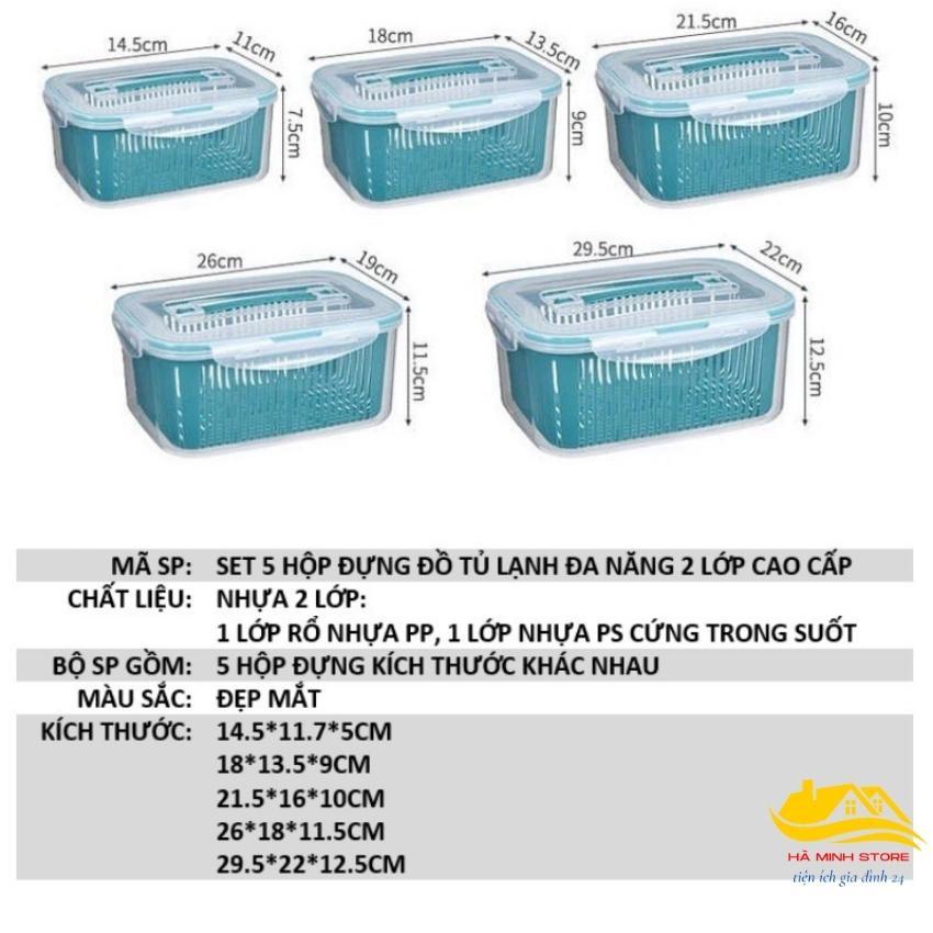 Sét 5 hộp đựng đồ, thực phẩm bảo quản trong tủ lạnh có nắp đậy quai xách kèm rổ combo 5 hộp đựng thực phẩm hà minh store