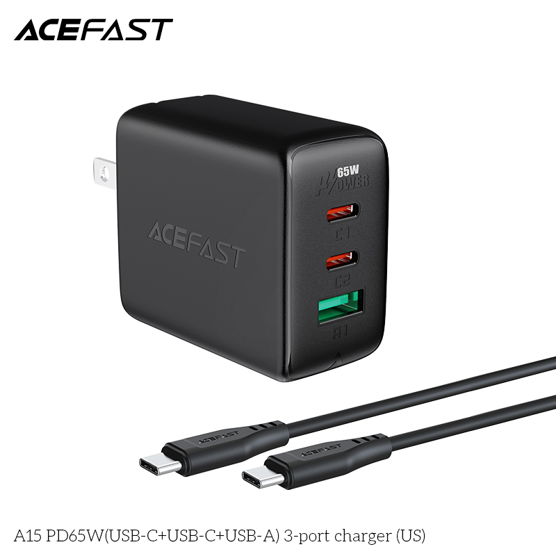 Adapter Sạc Acefast PD 3.0 65W 3 Cổng USB Type-C USB Type-C USB A Chuôi Dẹt US A15 - Hàng Chính Hãng