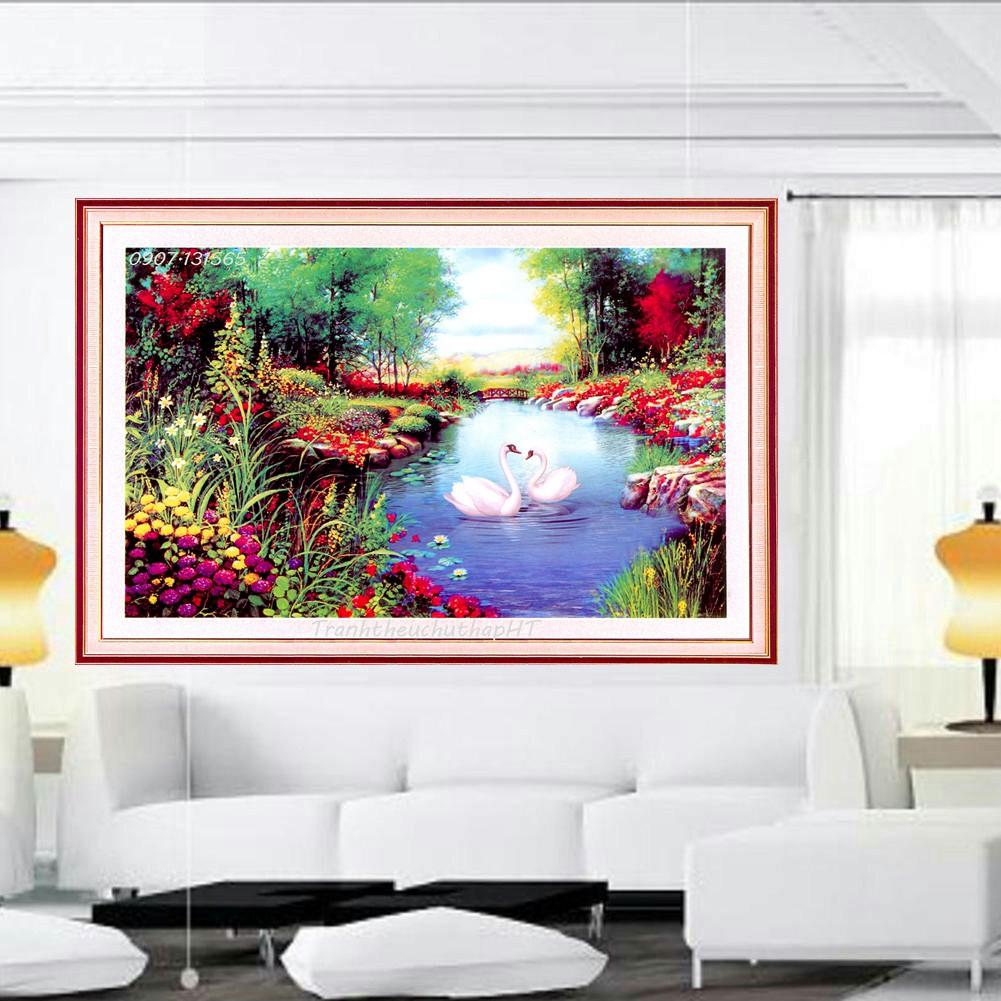 Tranh đính đá - Tranh thêu chữ thập phong cảnh mùa xuân bên hồ size 75*50cm - tự thêu