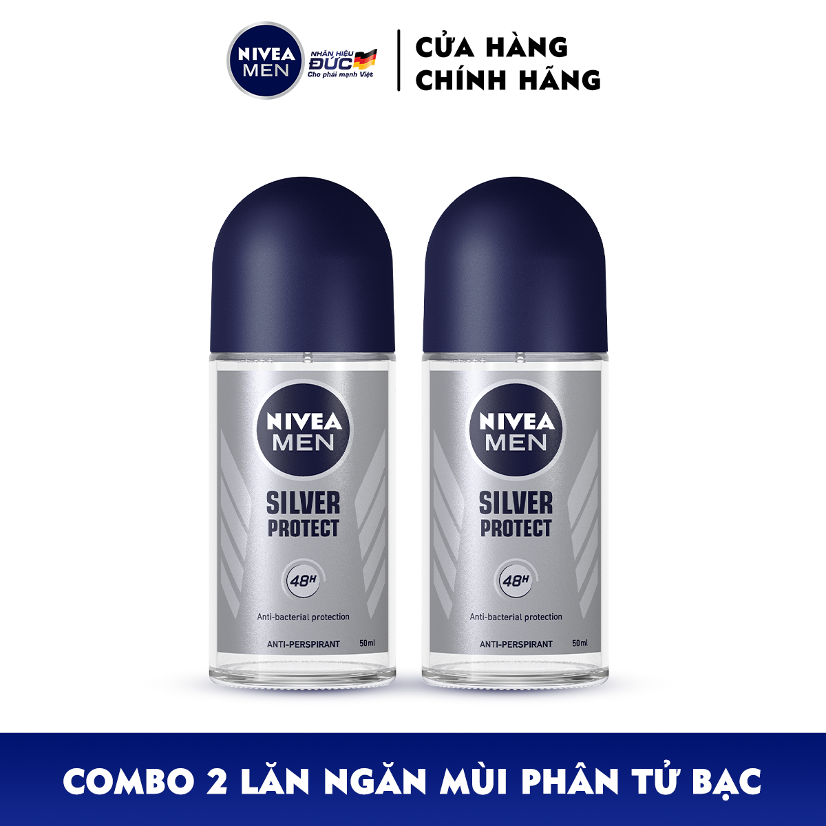 Combo 2 Lăn Ngăn Mùi NIVEA MEN Silver Protect Phân Tử Bạc Giảm 99.9% Vi Khuẩn Gây Mùi 50ml - 83778