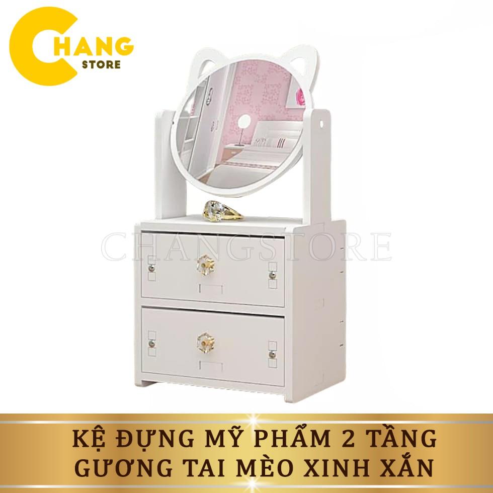 Kệ Đựng Mỹ Phẩm 2 Tầng Mini, Kệ Gương Tai Mèo Xinh Xắn Đựng Nước Hoa, Son Phấn, Đựng Đồ Trang Điểm Thông Minh