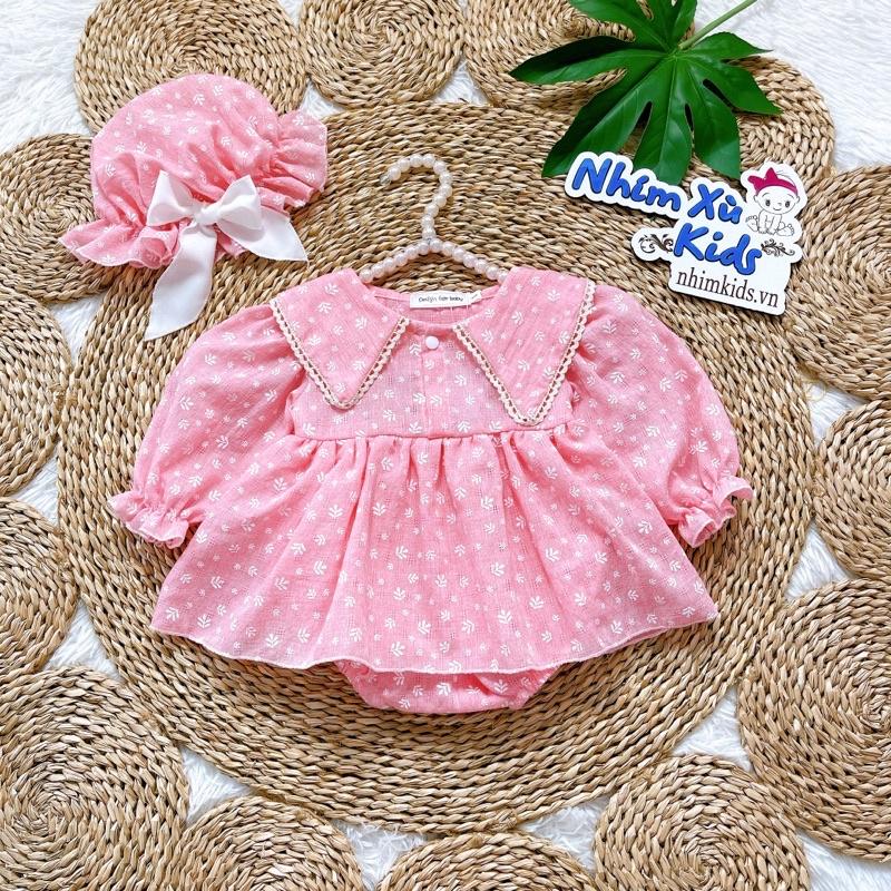 Body Váy Lá Hồng Bé Gái 3 Đến 12kg, Áo Liền Quần Bé Gái Chất Đũi Thông Hơi Phối Ren