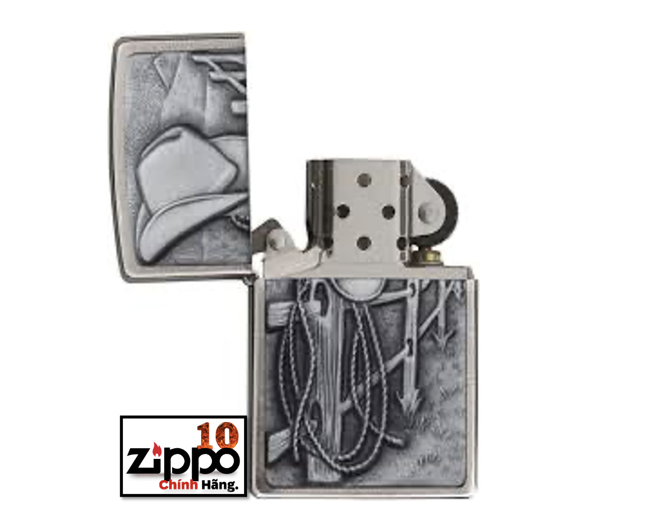 Bật lửa Zippo 24879 Cowboy Hat and Rope Emblem Brushed Chrome - Chính hãng 100%