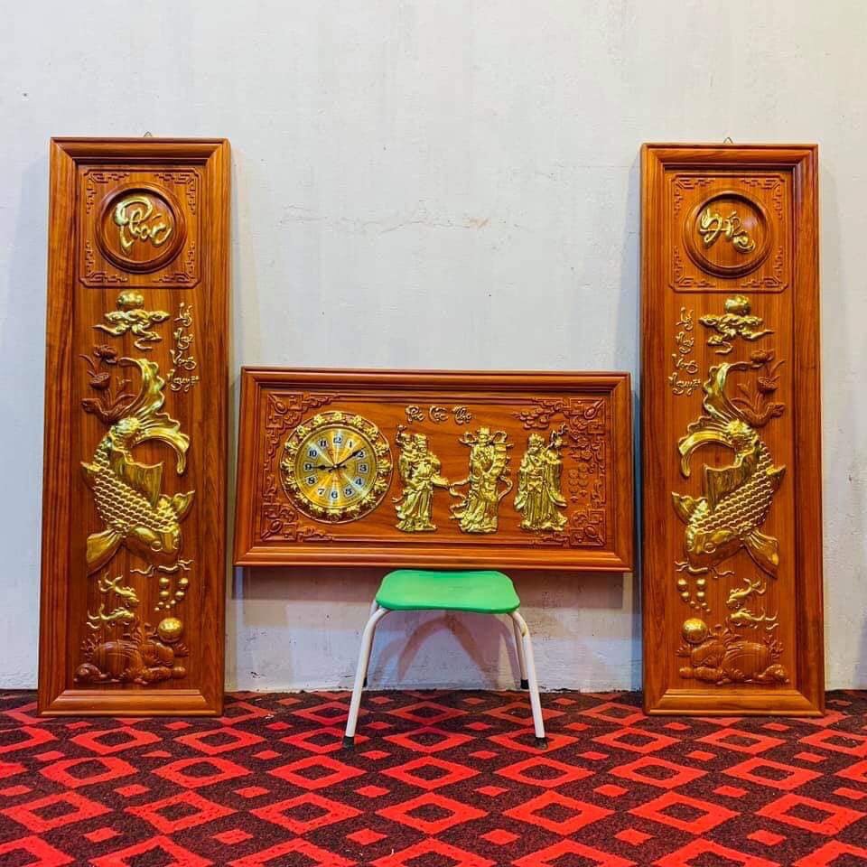 Cặp tranh câu đối lý ngư vọng nguyệt + tranh đồng hồ treo tường phúc lộc thọ ,chữ ,nhẫn,đức tâm...bằng gỗ hương đỏ