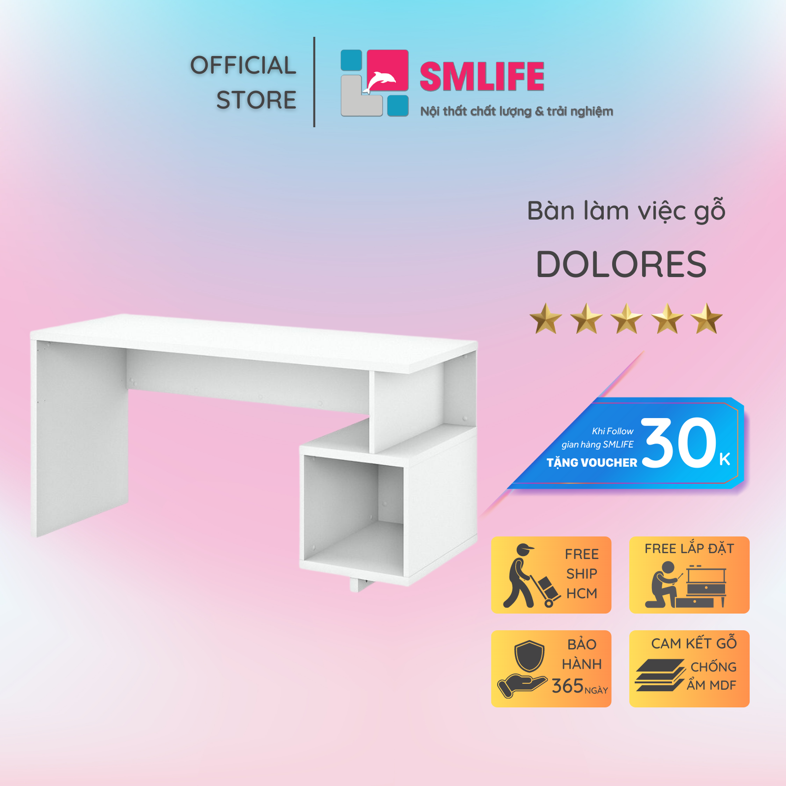 Bàn làm việc, bàn học gỗ hiện đại SMLIFE Dolores  | Gỗ MDF dày 17mm chống ẩm | D120xR60xC75cm