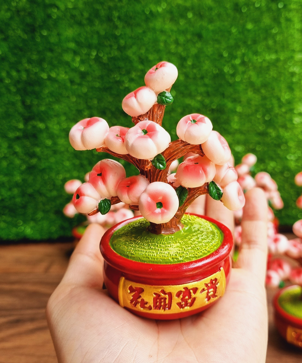 Bộ 02 tượng Ông Bà Thọ / Bách Niên Giai Lão 7cm kèm chậu đào trường thọ 10cm