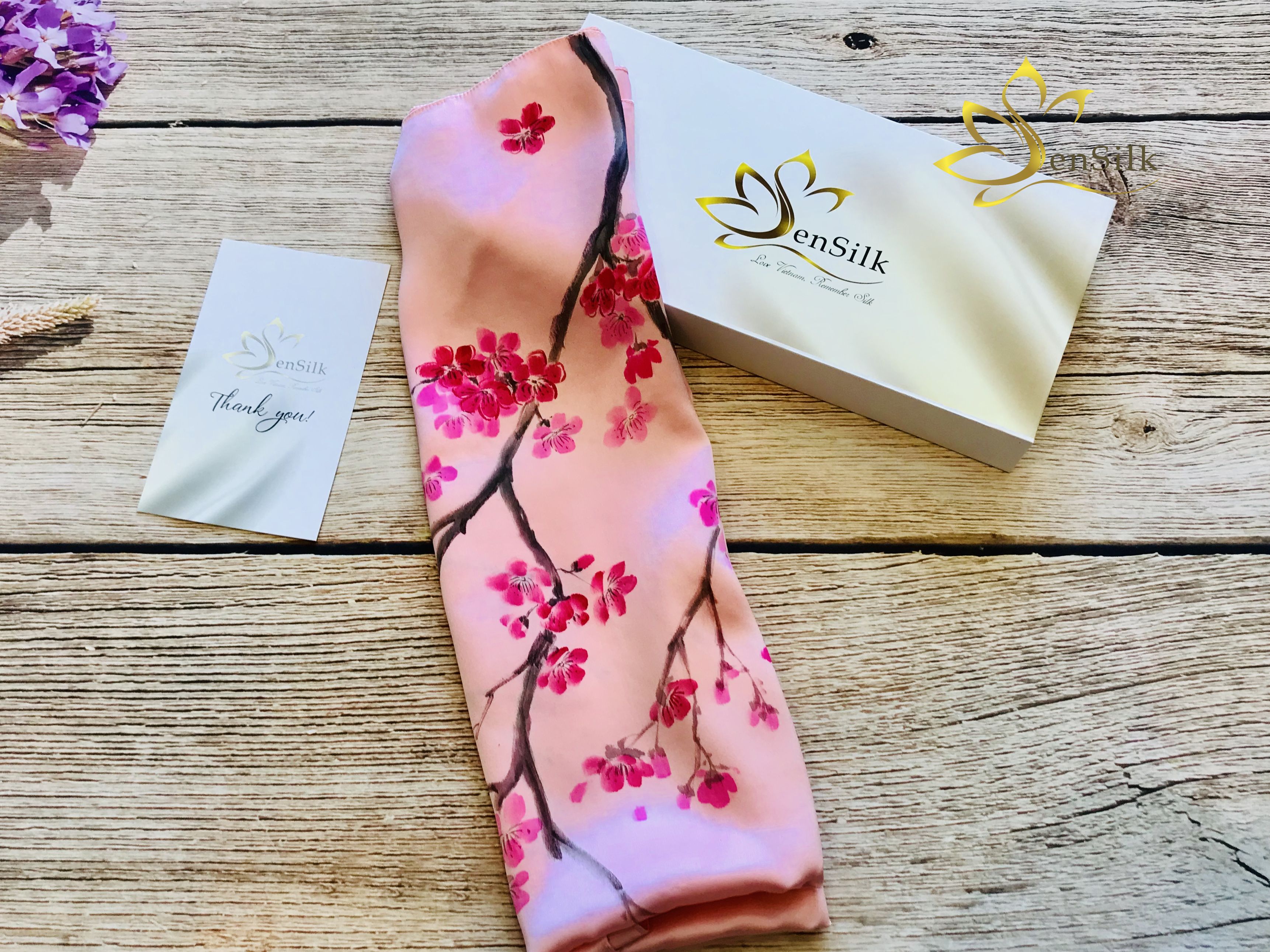 Khăn Lụa Tơ Tằm Vẽ Tay SenSilk Limited Hoa Đào - Quà Tặng May Mắn, 100% Silk made in Vietnam 180x55cm