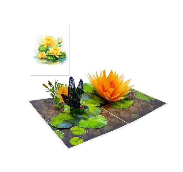 F57 -  Thiệp 3D Hoa Súng Vàng &amp; Chuồn Chuồn – Pop Up Card Viethands Giftshop