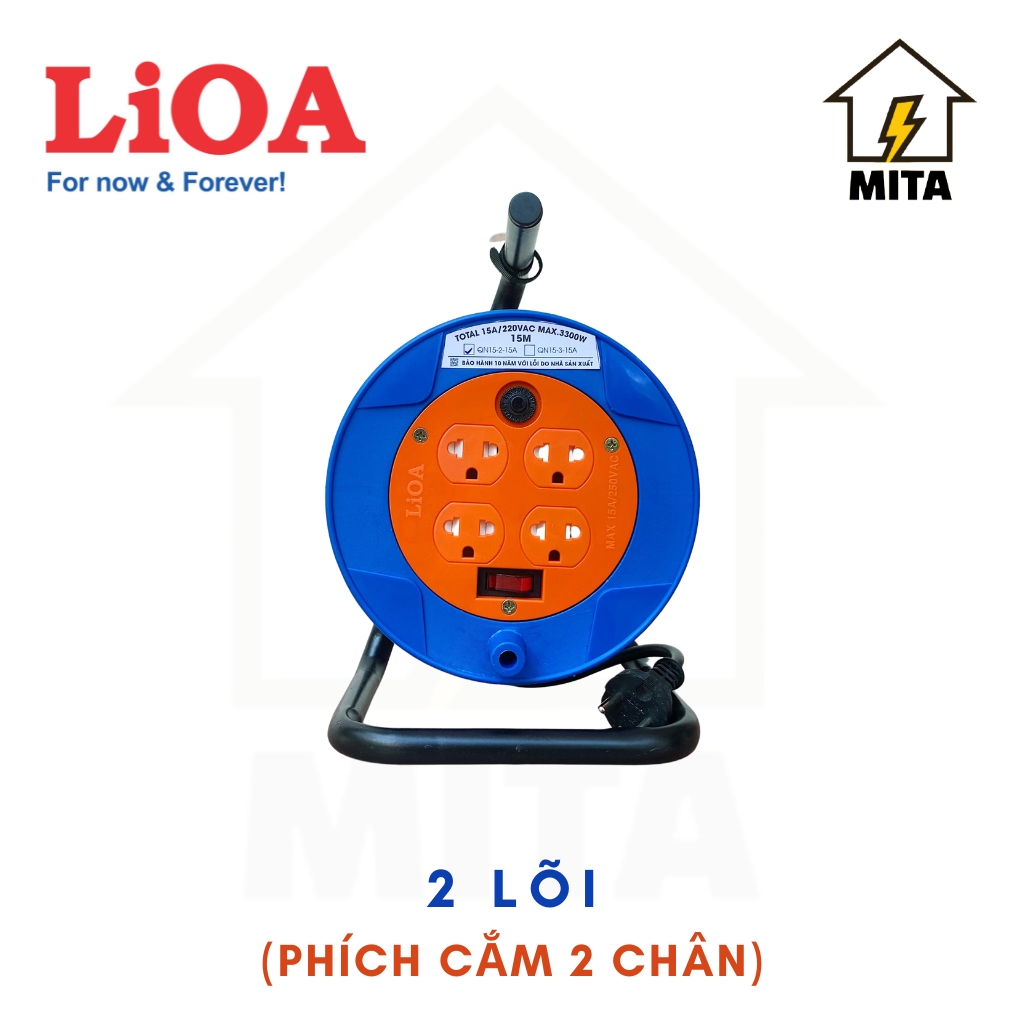 Ổ Cắm Kéo Dài Quay Tay Kiểu RULO loại nhỏ LiOA NEW - 4 Ổ cắm Công suất 15A Dây dài 15m