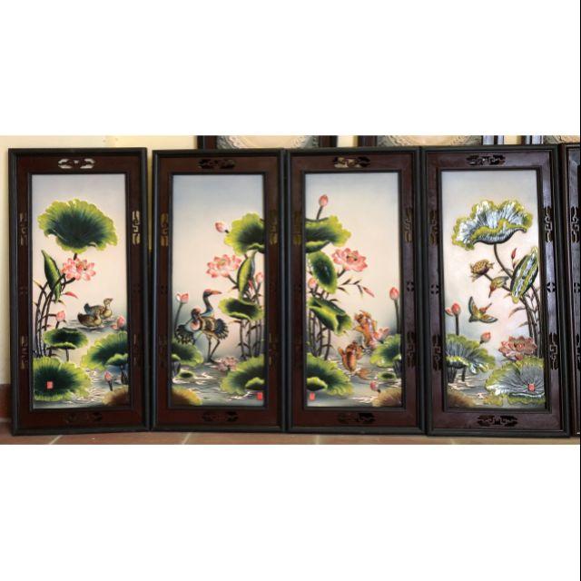 Bộ tranh sứ vẽ sen đắp nổi cao cấp