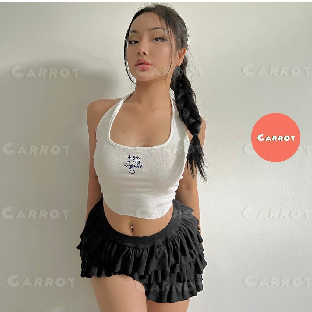 Áo croptop thêu cổ yếm thiết kế chân váy tầng ngắn ôm body tôn dáng carrotxinhdep