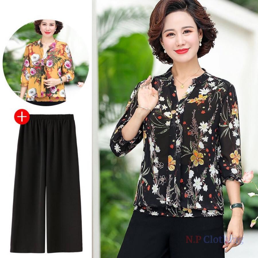 Đồ bộ trung niên, bộ mặc hằng ngày nữ sang trọng, cổ chui tay ngắn sang trọng, Set trung niên mặc hằng ngày full size