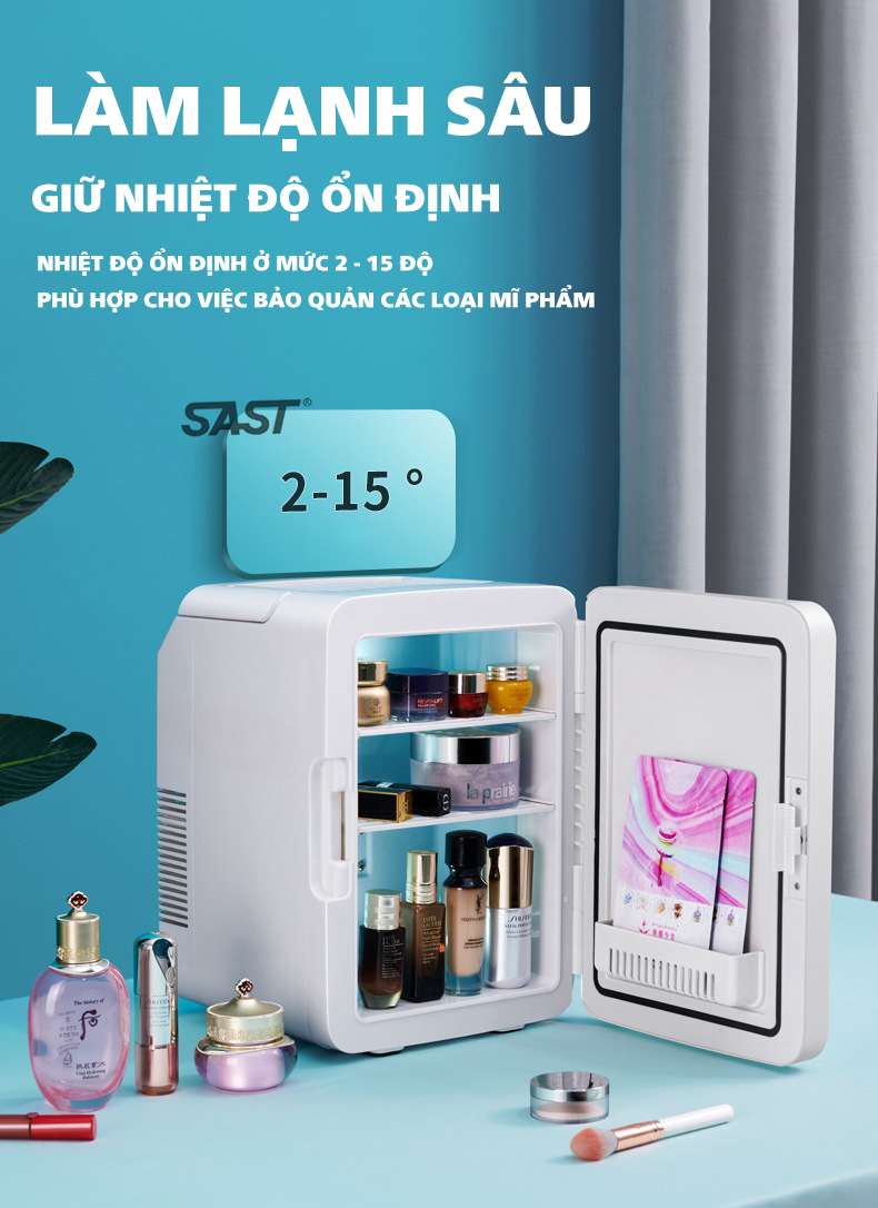 Tủ lạnh mini 10L mặt gương có đèn LED đựng mỹ phẩm _ Tặng kèm Nước hoa thơm phòng cao cấp