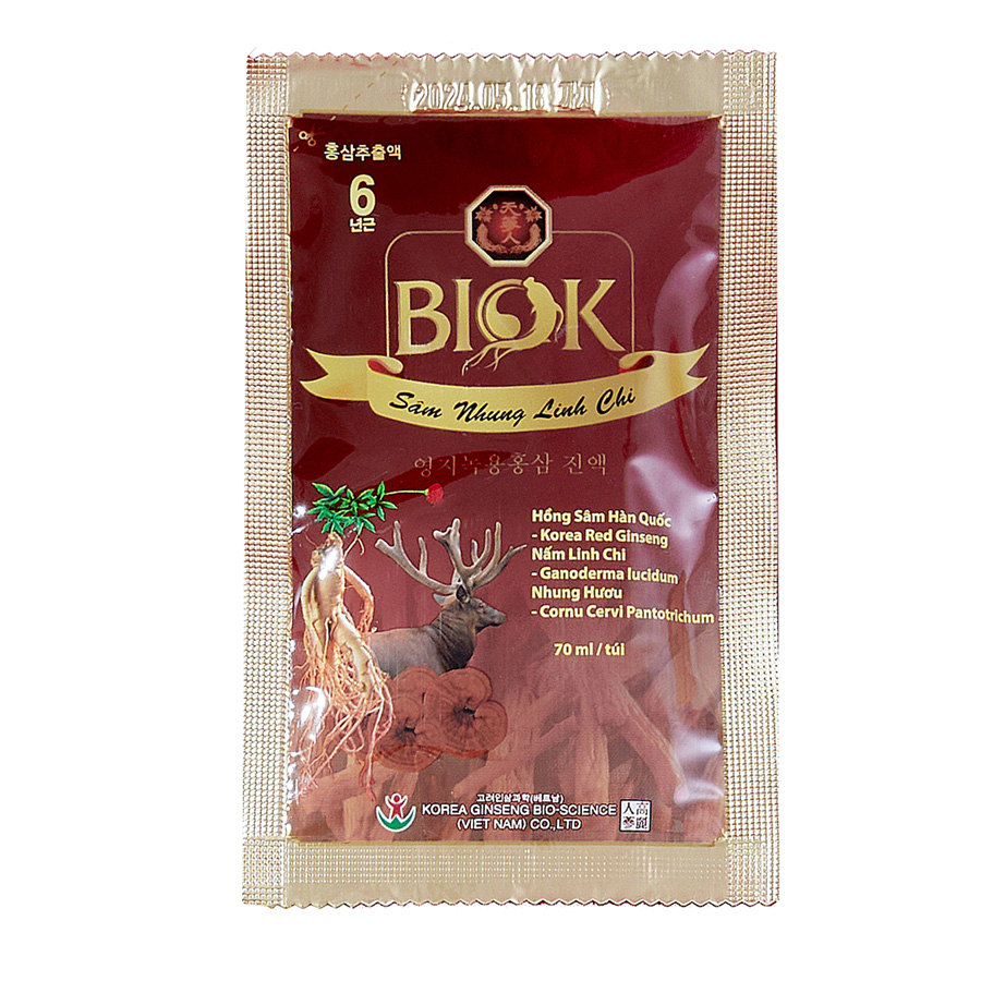 Nước Uống Sâm Nhung Linh Chi BIOK, Bổ Huyết, An thần, Tăng Thể Lực (70ml x 15 gói)