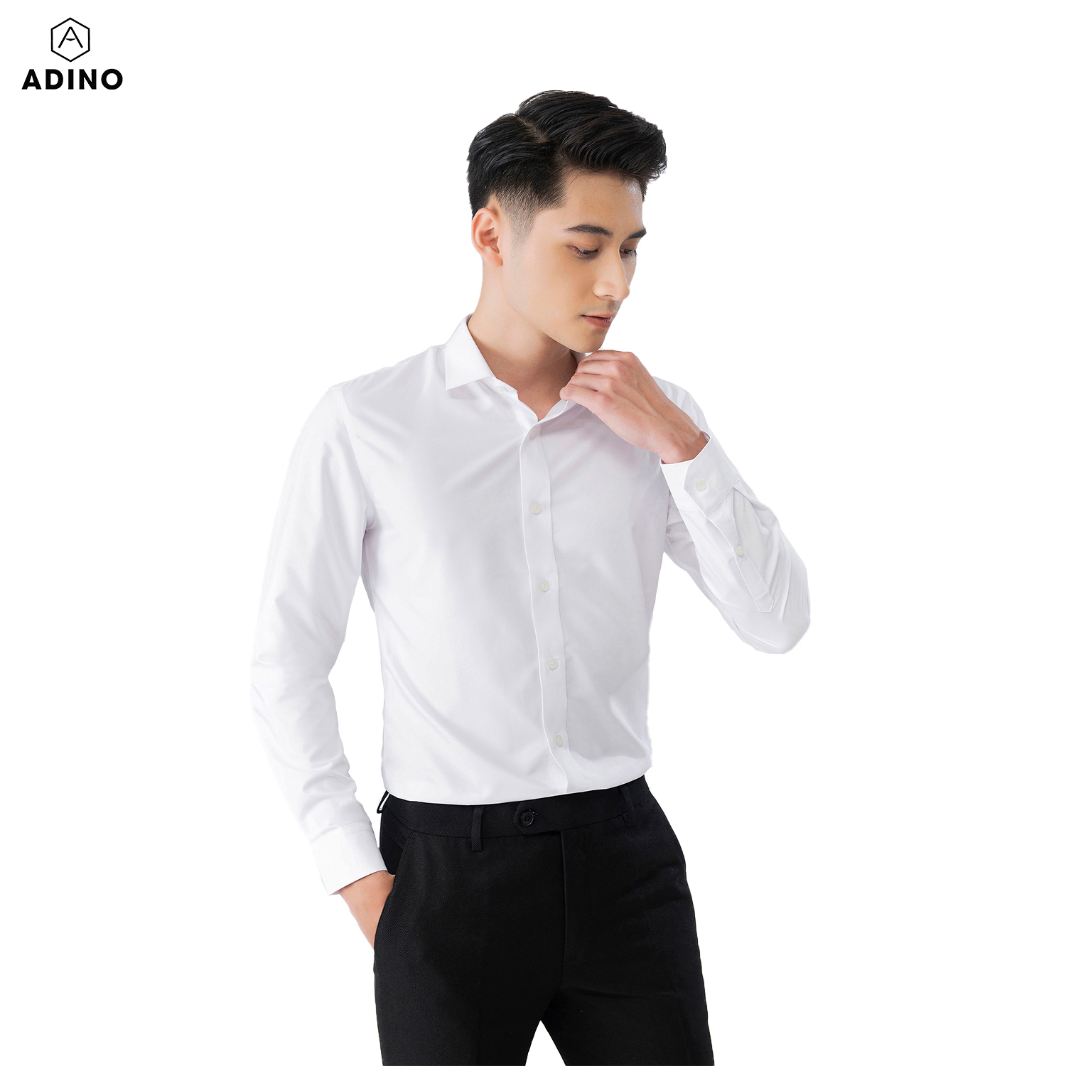 Áo sơ mi nam tay dài ADINO màu trắng tinh vải sợi sồi modal dáng slimfit trẻ trung S302